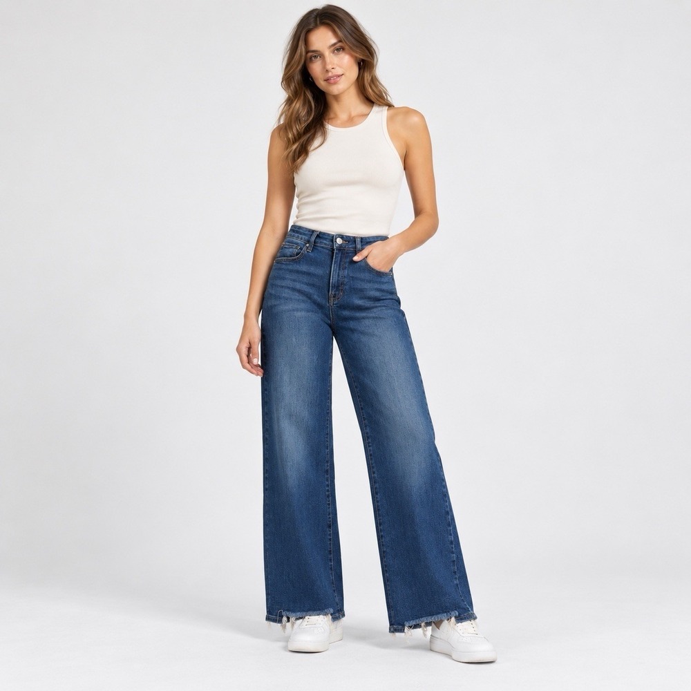 risen jeans wide leg full length distressed hem 5/27 stretch denim